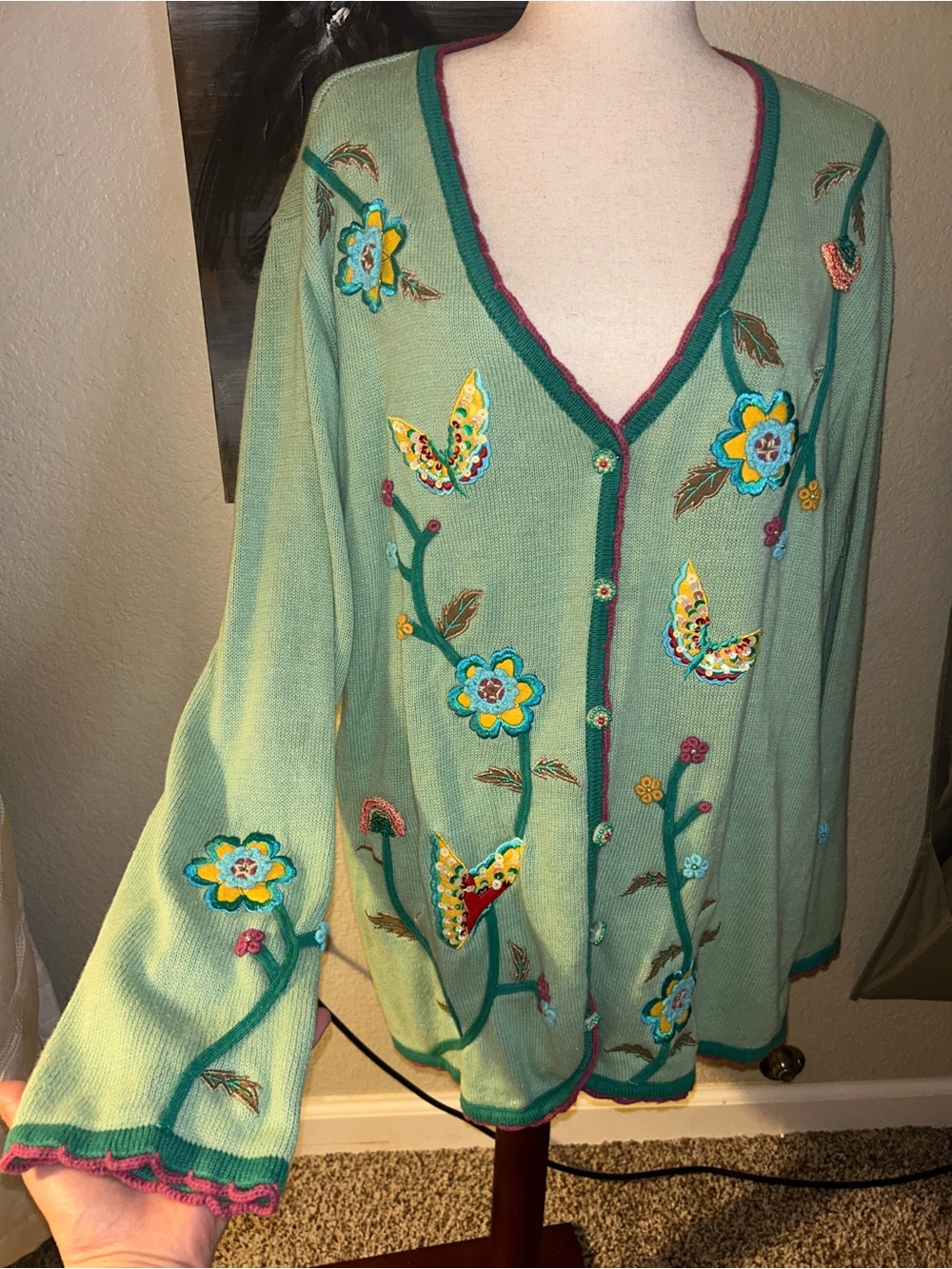 Green Embroidered Beaded and Sequined Sweater Cardigan
